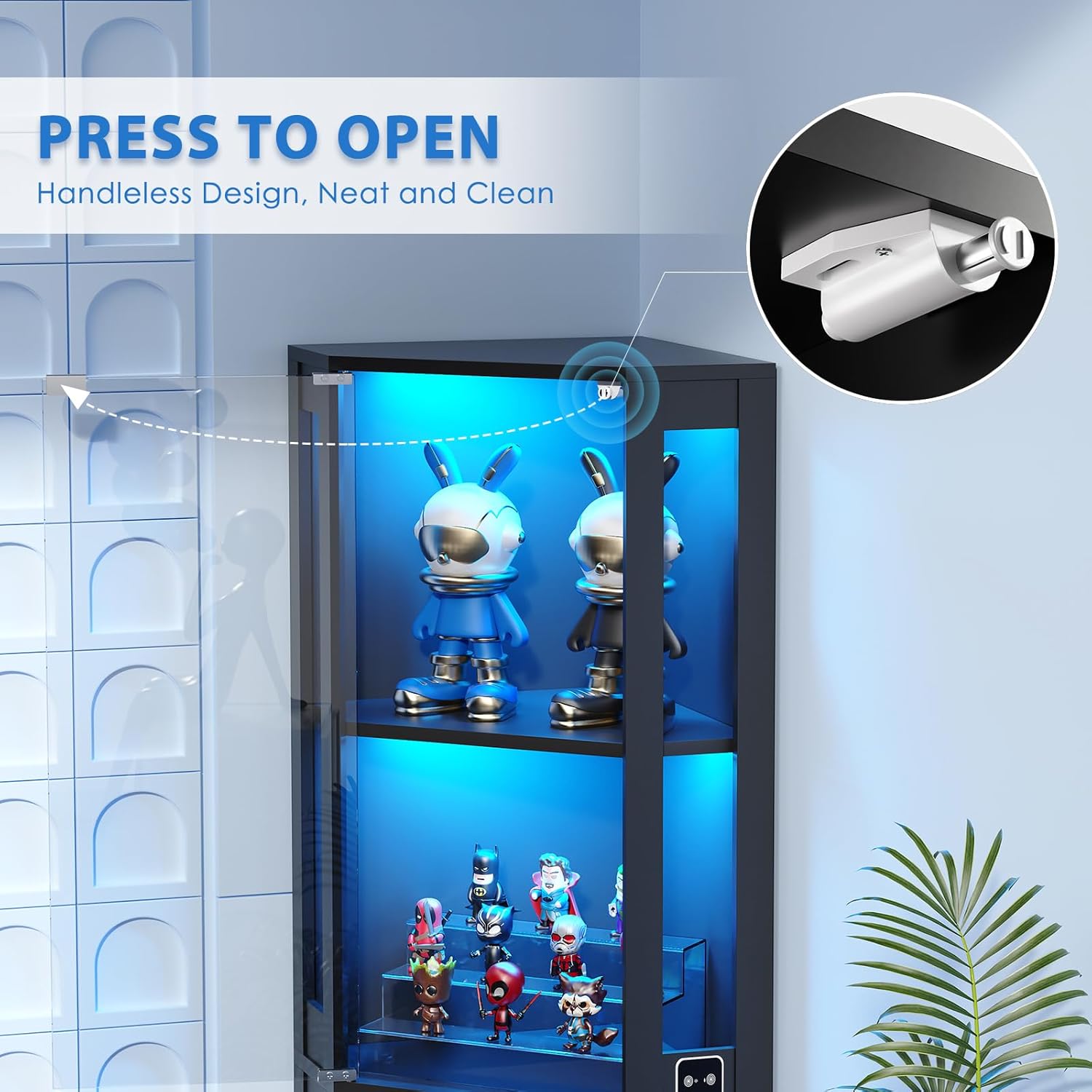 65" Corner Glass Display Cabinet with LED Lights, 4-Tier Showcase Display Case with Glass Doors & Human Body Sensor for Collectibles, Liquor, Black