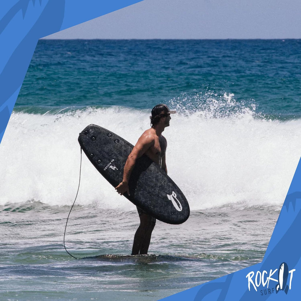 Rock-It DA Wizard Performance Soft Top Surfboard, 4’10” / 39L Foam Surfboard for Ocean, Wave Pool, River Surfing and More with 2+1 fin System and Reinforced Deck and Rails Developed in Hawaii (Black)