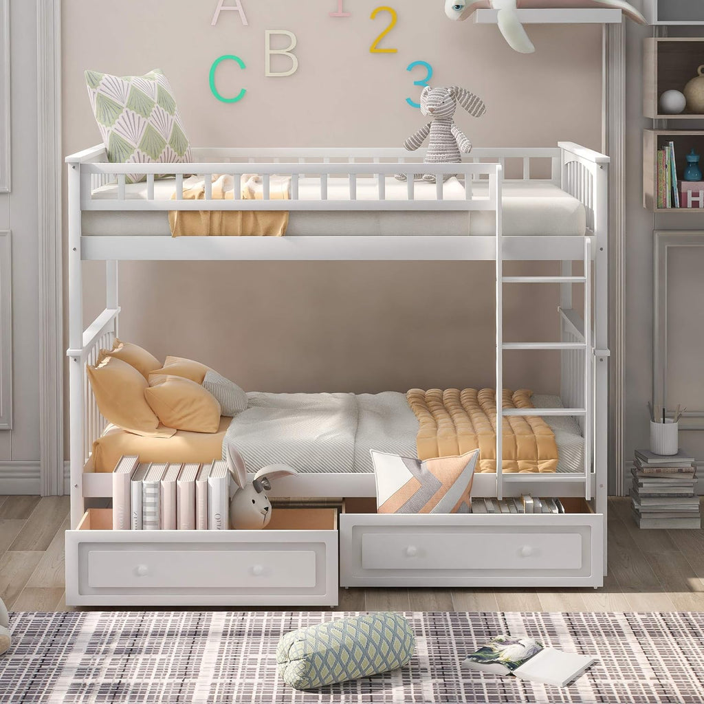Merax Twin Over Twin Bunk Bed with 2 Storage Drawers and Ladder, Can be Devided into 2 Beds, No Spring Box Needed, White