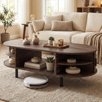 Giantex Oval Coffee Table, 47.5" Mid Century Modern Center Table with Sliding Tambour Doors, Hidden Storage & Open Compartment, Fluted Wood Living Room Tables for Small Space (Walnut)