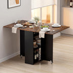 Giantex 47.5" Folding Dining Table for 2-4, Drop Leaf Wooden Dinner Table with 2-Tier Storage Shelf and Drawer, Lockable Wheels, Space Saving Kitchen Tables for Dinette, Small Space (Black+Brown)