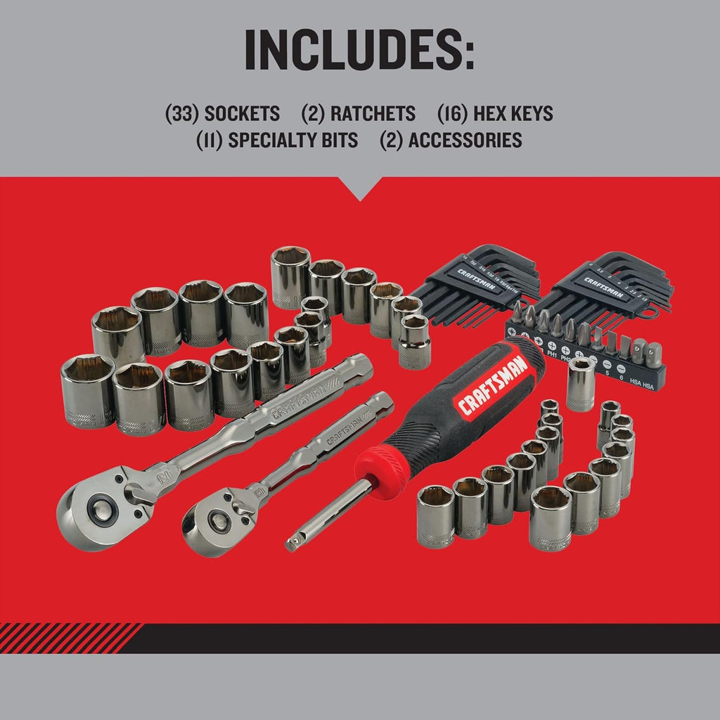 CRAFTSMAN OVERDRIVE 64-Piece Gunmetal Chrome Mechanics Tool Set, Standard SAE/Metric Socket Set, with Hard Case (CMMT99064)