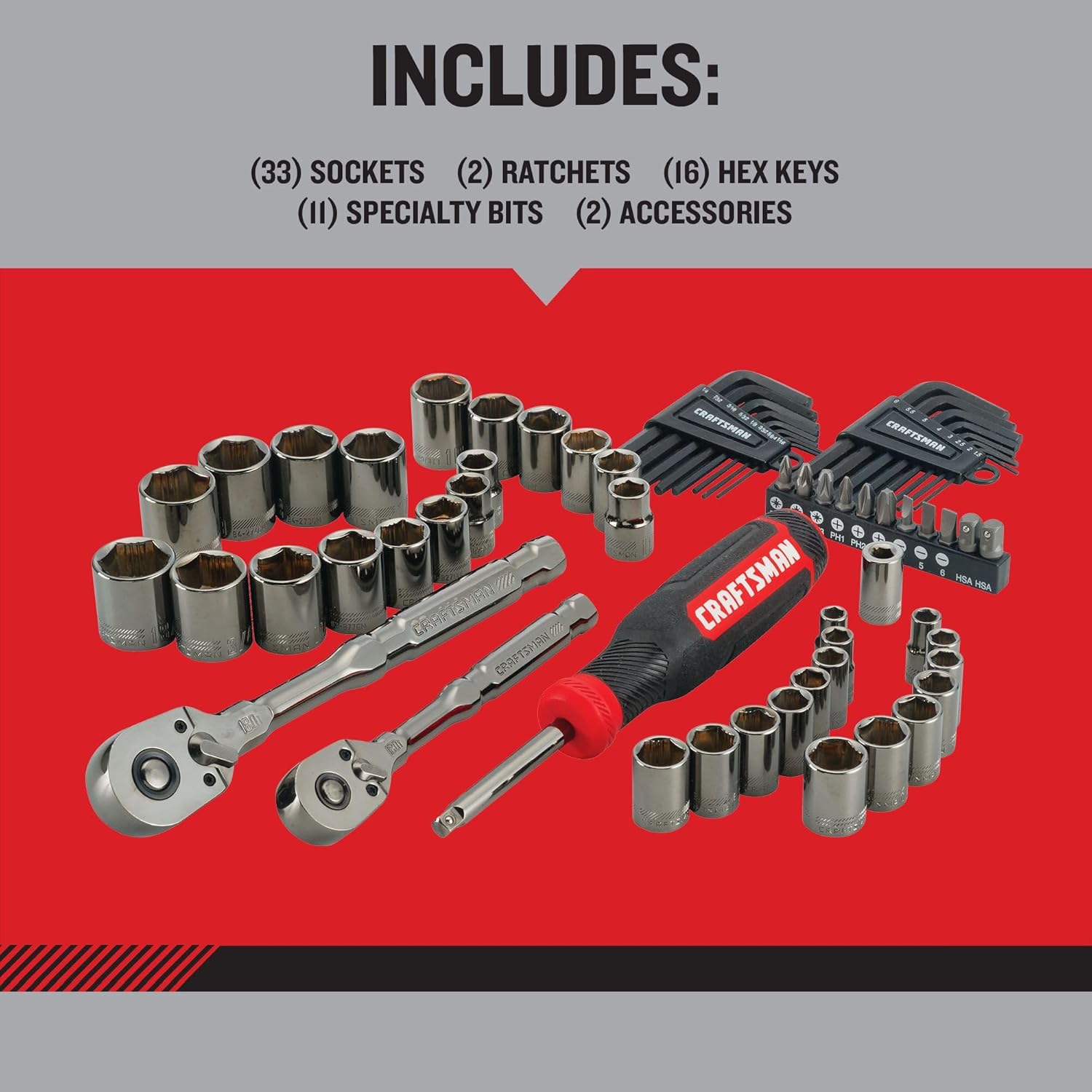 CRAFTSMAN OVERDRIVE 64-Piece Gunmetal Chrome Mechanics Tool Set, Standard SAE/Metric Socket Set, with Hard Case (CMMT99064)