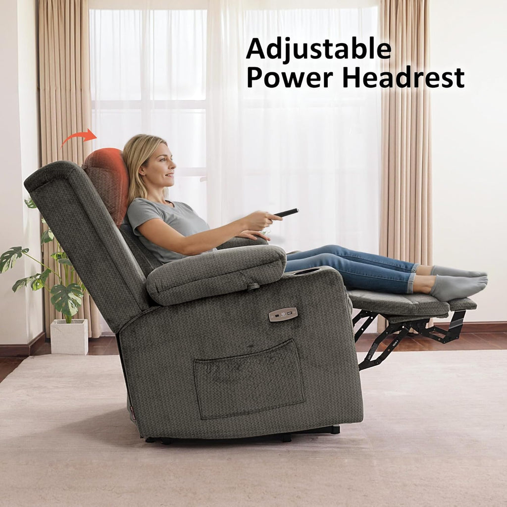 MCombo Large Triple Motor Power Lift Recliner Chair with Massage and Heat for Elderly People, Adjustable Headrest, Infinite Position, USB Ports, Fabric 7662 (Grey, Large)
