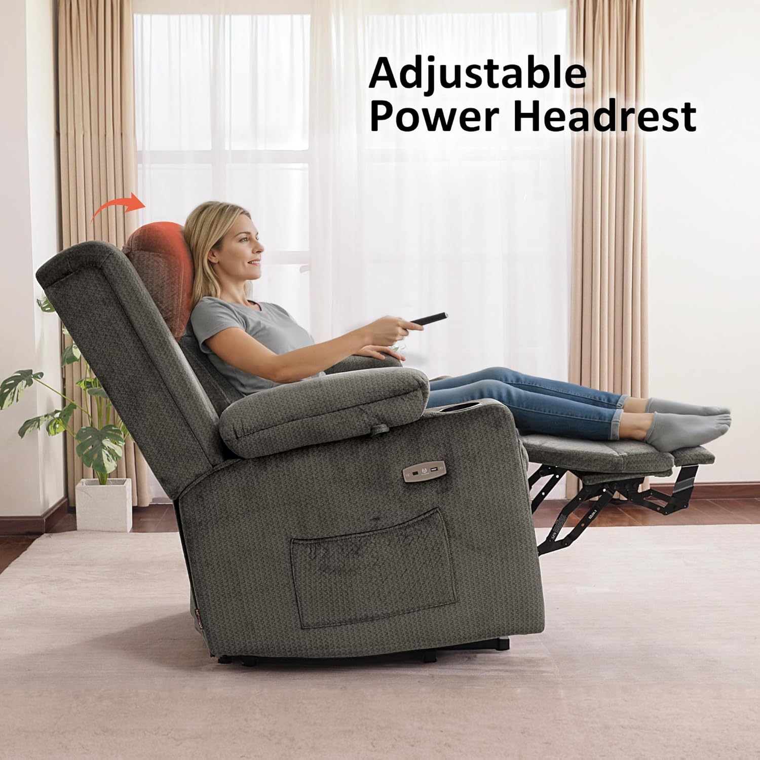 MCombo Large Triple Motor Power Lift Recliner Chair with Massage and Heat for Elderly People, Adjustable Headrest, Infinite Position, USB Ports, Fabric 7662 (Grey, Large)