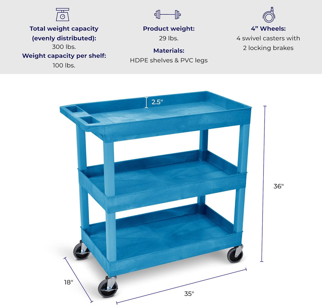 Stand Steady Tubstr 3 Shelf Utility Cart | Made in USA | Heavy Duty Tub Cart Holds Up to 300 lbs. | Storage Cart & Rolling Tool Cart for School, Office, Garage & Warehouse (32 x 24in / Blue)