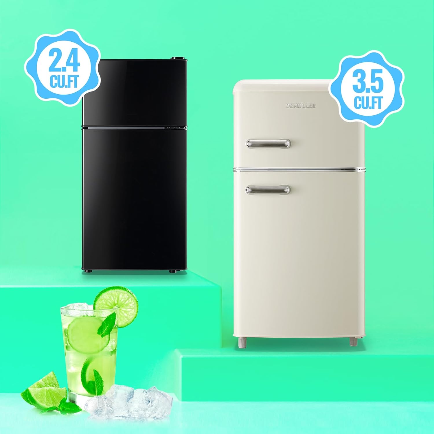 DEMULLER 2.4 Cu.Ft Mini Fridge with Freezer & Double Door Small Tiny Size Refrigerator with 7 Temperature Control Knob Only Suitable for One Person Use Black