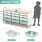 12 Drawers Storage Cabinet with Wooden Top and Plastic Bins, Toy Storage Organizer Toy Shelf Storage Chest Cubby Organizer for Home, Office, Playroom, Classroom & Craft Room Storage (Green)