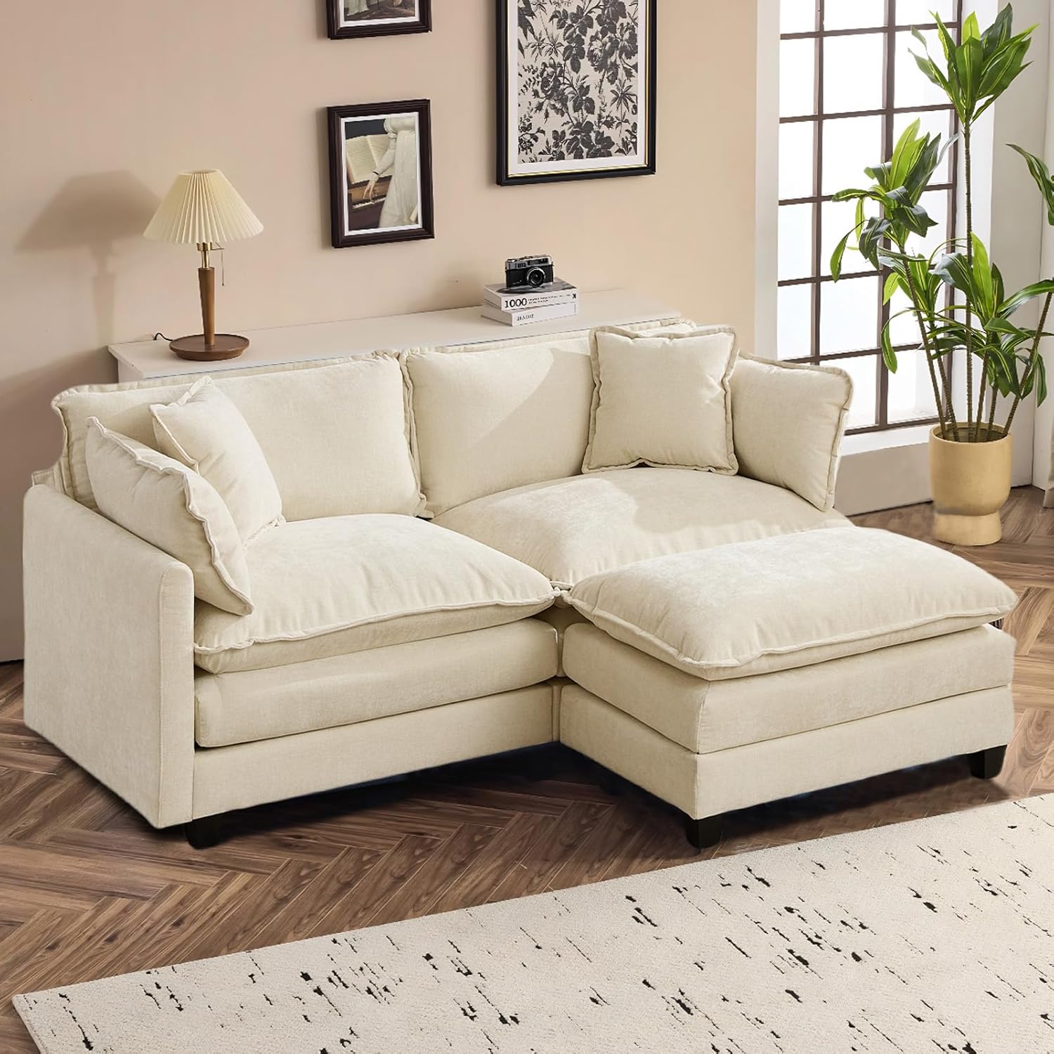 SoarFlash 77.95" Chenille Sectional Sofa, Comfy L Shaped Modular Coush Sofa with Ottoman, Modern 2 Seat Couch Deep Seat Sofa Set for Living Room,Beige