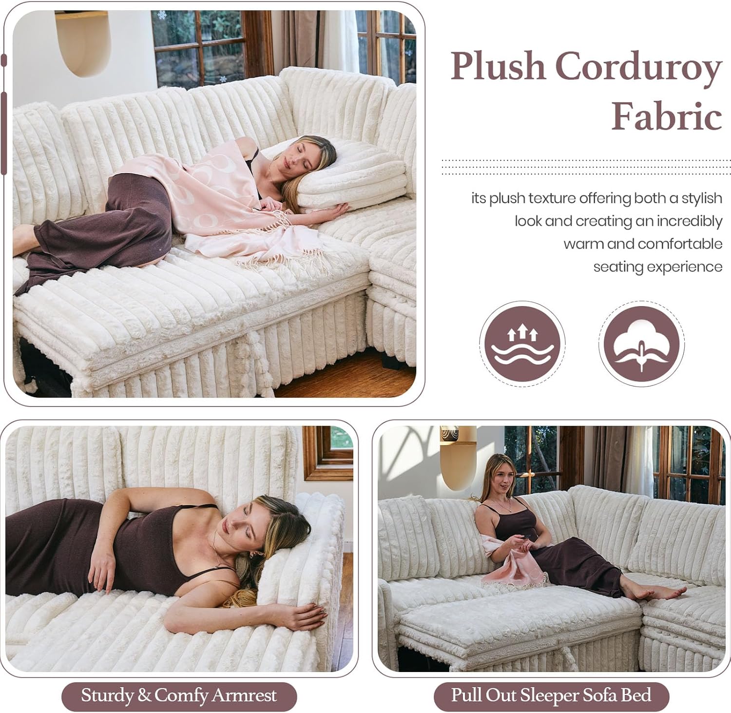 Belffin Oversized Sofa Bed Modular Sectional Sleeper Sofa with Pull Out Bed L Shaped Couch with Storage Chaise Beige Couch