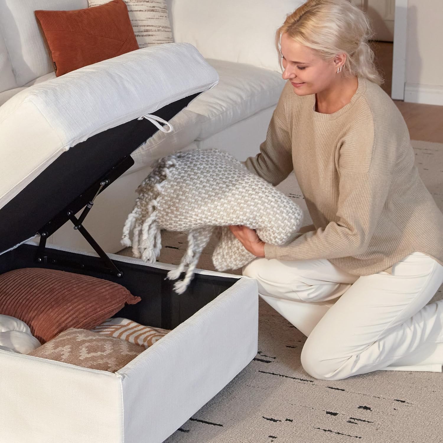 Cloud Couch Sectional 113.8'' Oversized Modular Deep Seat Sofa L Shaped Comfy White Cloud Couch with Washable Cover for Living Room 3 Seater with 1 Ottoman