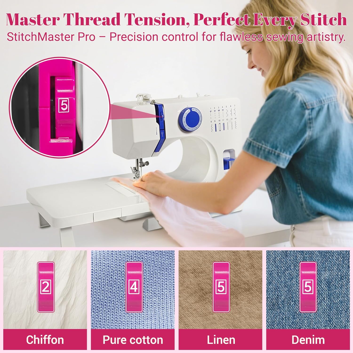 StitchMaster Pro Sewing Machine - Twin/Double Needle Compatible, 14 Stitches, Easy for Beginners & Home Users (Pink)