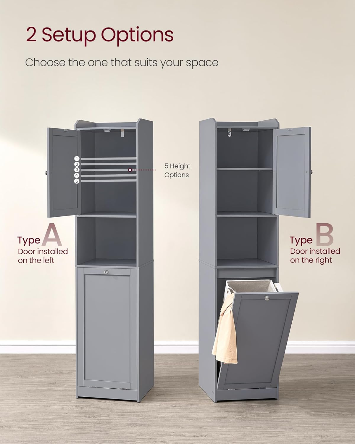 VASAGLE Tall Storage Cabinet, Storage Unit with Removable Laundry Basket, Compartment and Cabinet, for Bathroom, Living Room, 15.8 x 15.8 x 66.9 Inches, Dove Gray UBBC761G02