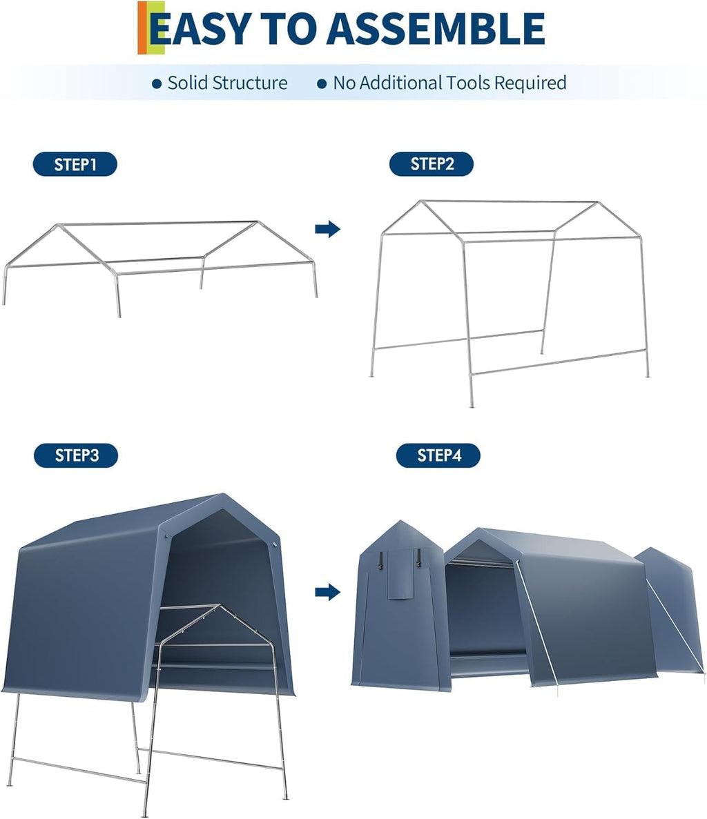 6x8ft Heavy Duty Waterproof Storage Shed - Portable Carport with Roll-up Ventilated Zipper Door & Windows, Stores Motorcycle, Bike, Firewood, Garden Tools