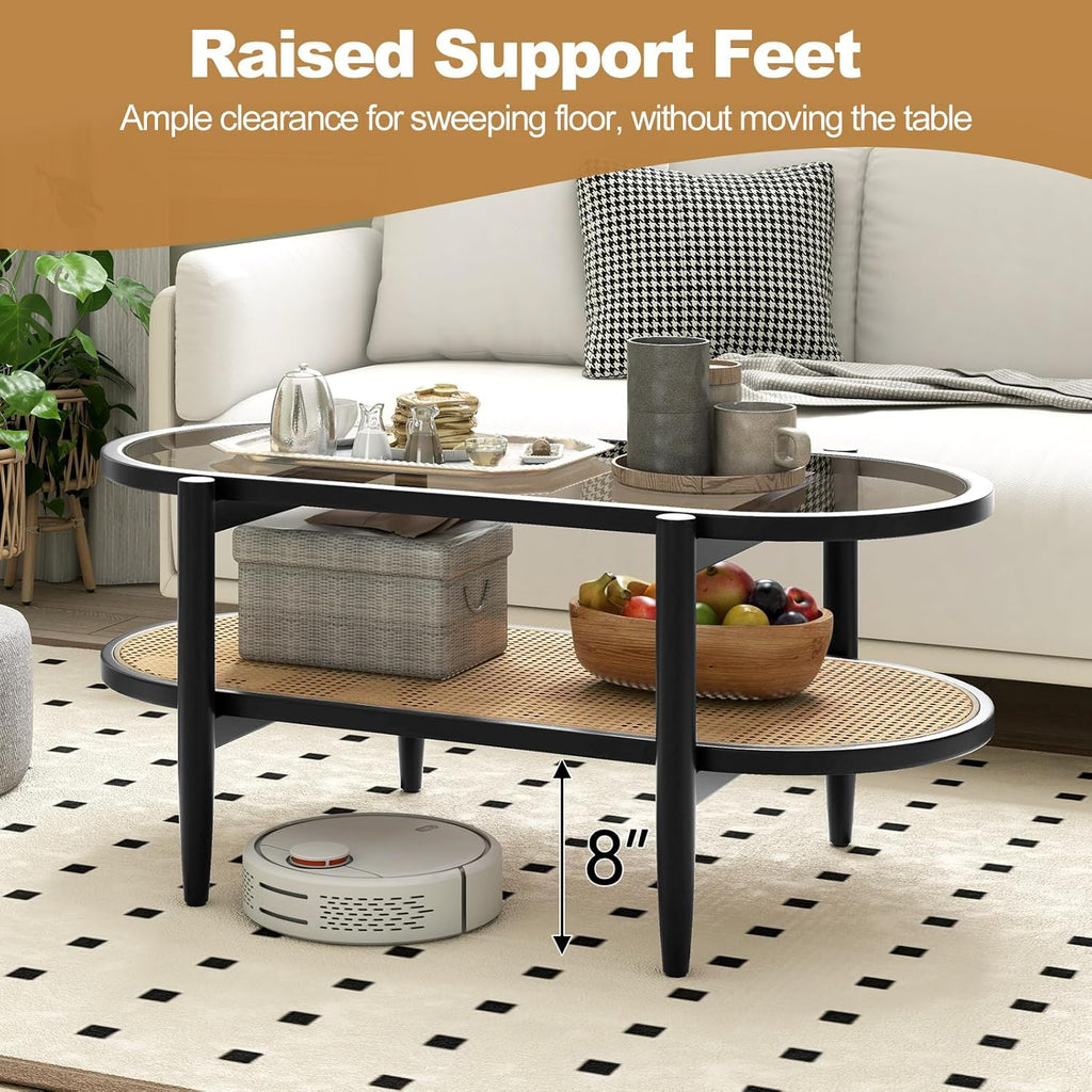 Giantex Rattan Coffee Table, 2-Tier Oval Wood Tea Table with Tempered Glass Tabletop & PE Rattan Storage Shelf, 40" Boho Cocktail Tables, Mid Century Modern Center Table for Living Room Office, Black