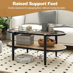 Giantex Rattan Coffee Table, 2-Tier Oval Wood Tea Table with Tempered Glass Tabletop & PE Rattan Storage Shelf, 40" Boho Cocktail Tables, Mid Century Modern Center Table for Living Room Office, Black