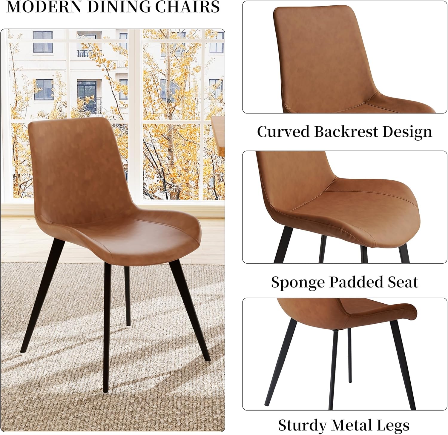 5-Piece Dining Table Set for 4-6 People, 63" MDF Kitchen Table with 4 Upholstered Chairs, Metal Legs for Dining Room, Kitchen(Oak Table+4 Brown Chairs)