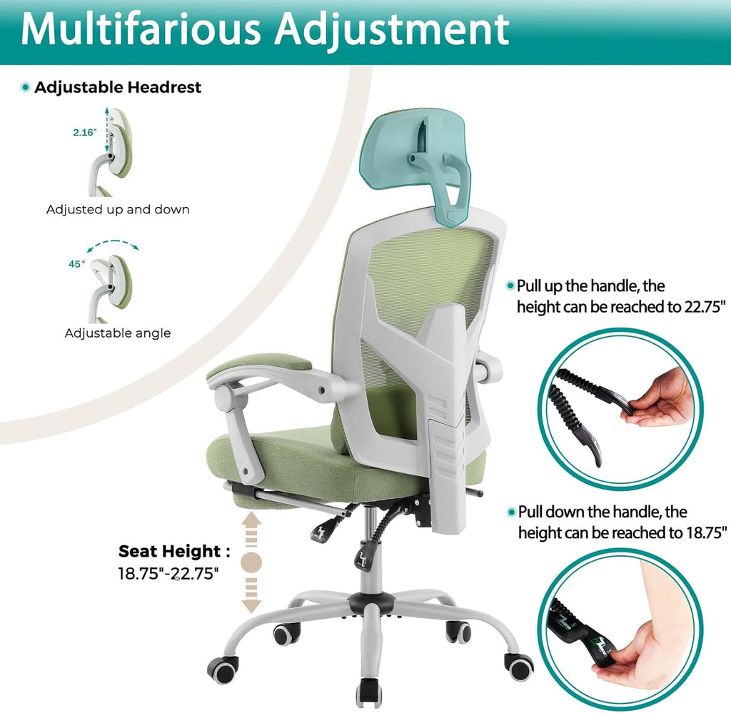 DUMOS Office Desk Chair with Footrest Ergonomic Gaming Chair for Adults Computer Mesh, Lumbar Support,Swivel Reclining with Headrest, Comfy Armrest for Home, Office, Work, Study, Light Green