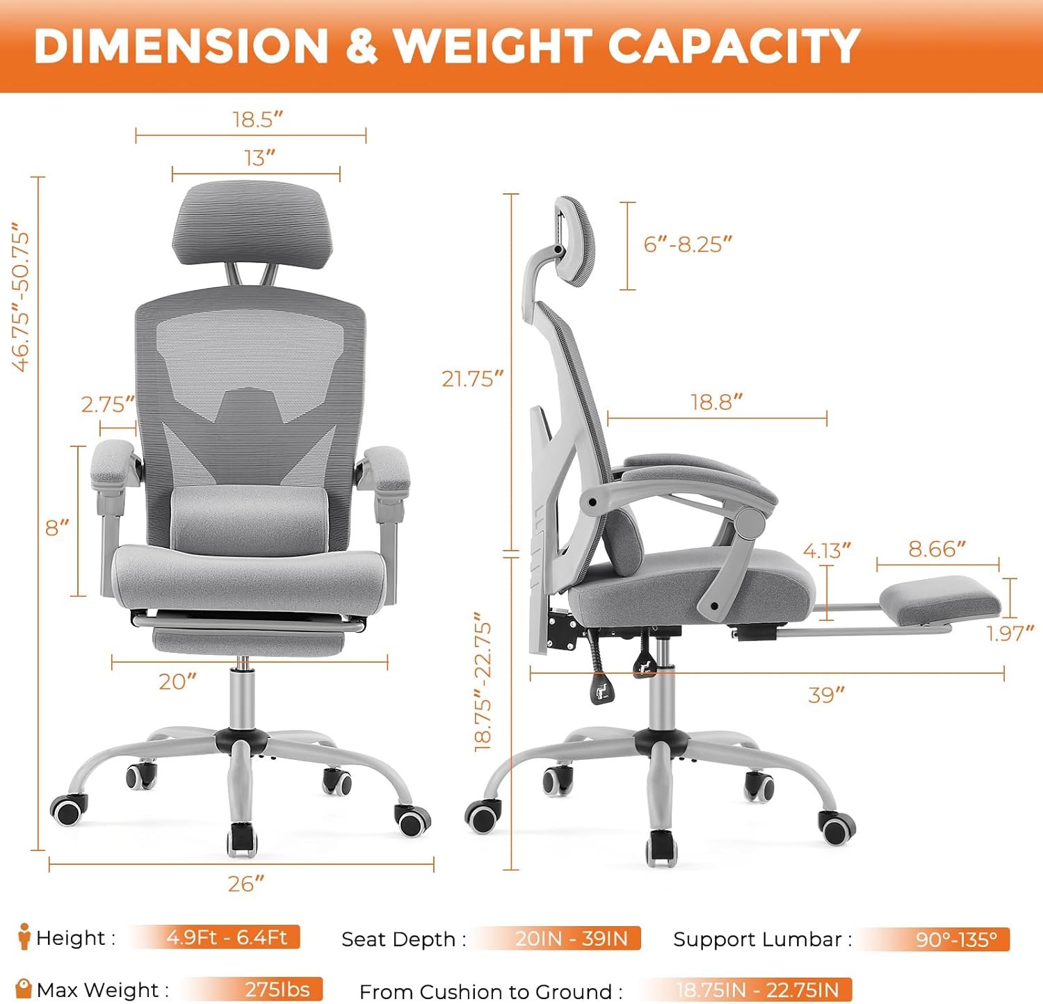 Sweetcrispy Office Computer Desk Chair with Footrest,Ergonomic High-Back Mesh Rolling Work Swivel Chairs with Wheels,Comfortable Lumbar Support,Comfy Arms for Home,Bedroom,Study,Student,Light Grey
