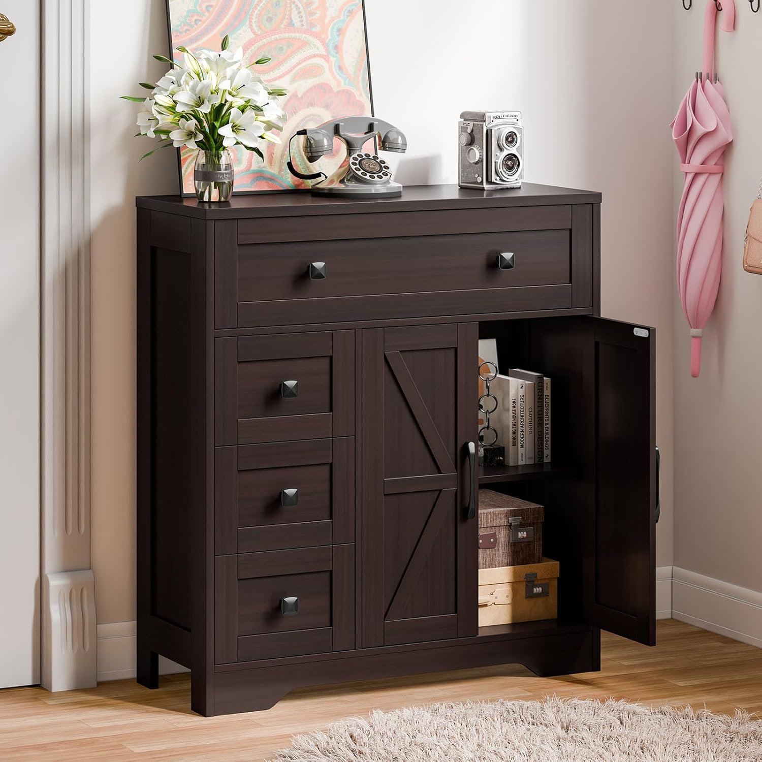 Vabches Farmhouse Storage Cabinet with 2 Doors and 4 Drawers, Freestanding Bathroom Storage Cabinet Kitchen Pantry, Floor Cupboard for Living Room/Bathroom/Kitchen,Espresso