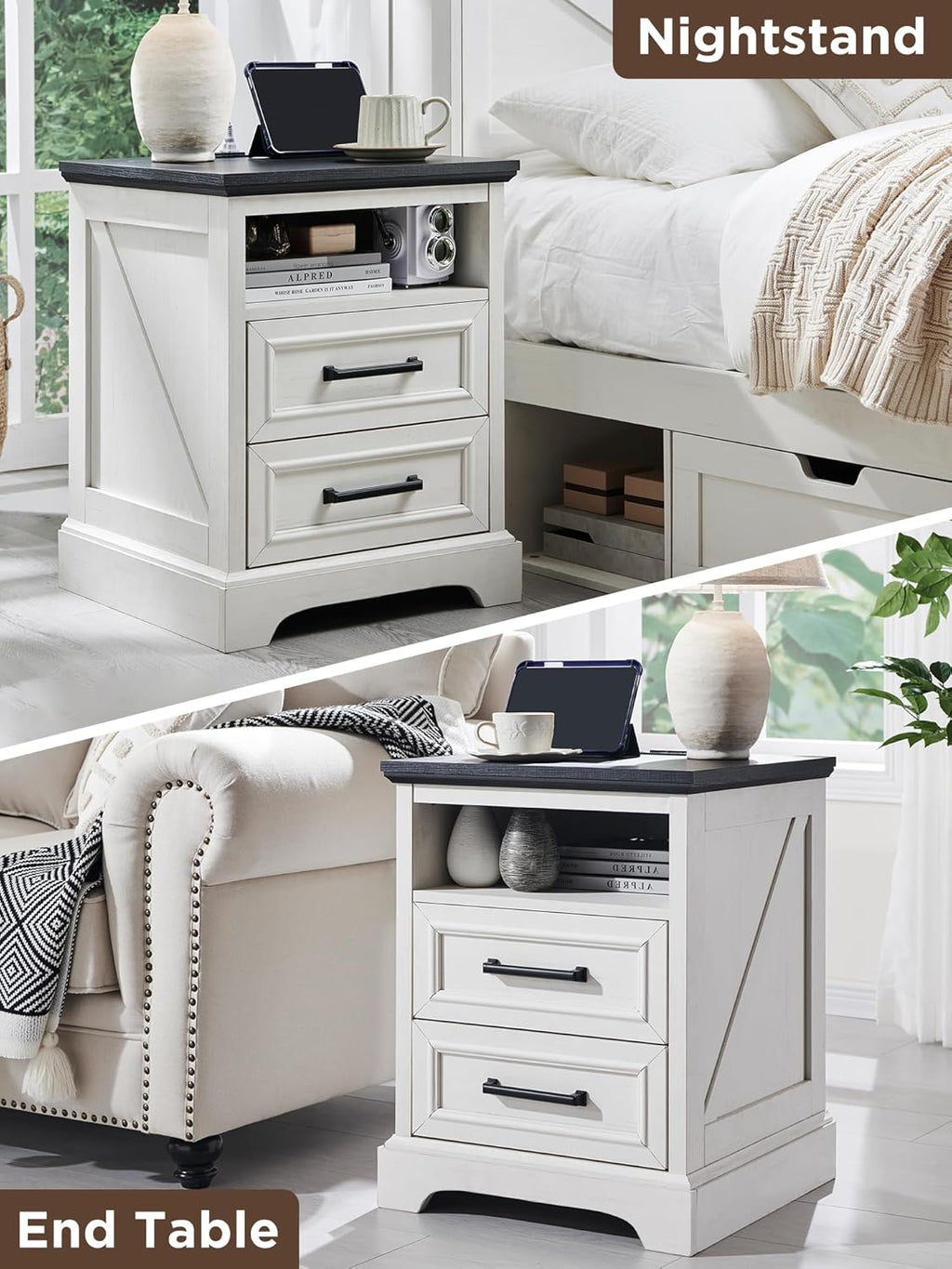 ACCOHOHO 18" Farmhouse Nightstand Set of 2 with Charging Station,End Table with 2 Drawers Storage,Side Table,Bedside Cabinet for Bedroom,Living Room, Withe