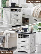 ACCOHOHO 18" Farmhouse Nightstand Set of 2 with Charging Station,End Table with 2 Drawers Storage,Side Table,Bedside Cabinet for Bedroom,Living Room, Withe