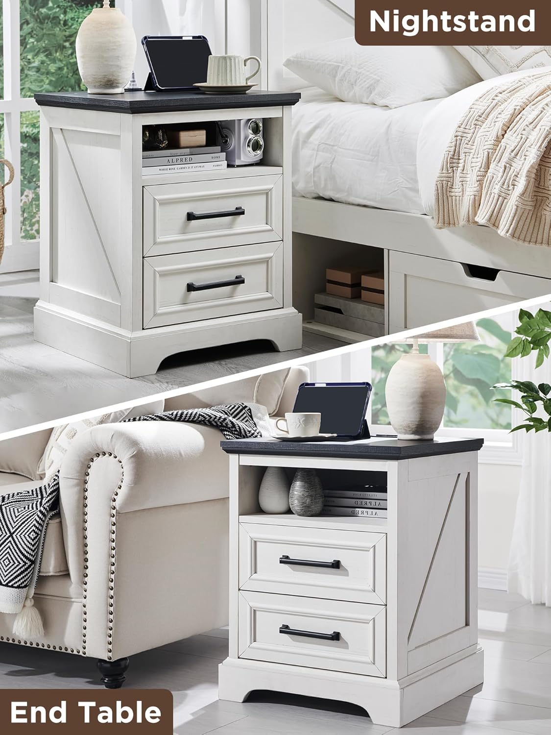 ACCOHOHO 18" Farmhouse Nightstand Set of 2 with Charging Station,End Table with 2 Drawers Storage,Side Table,Bedside Cabinet for Bedroom,Living Room, Withe