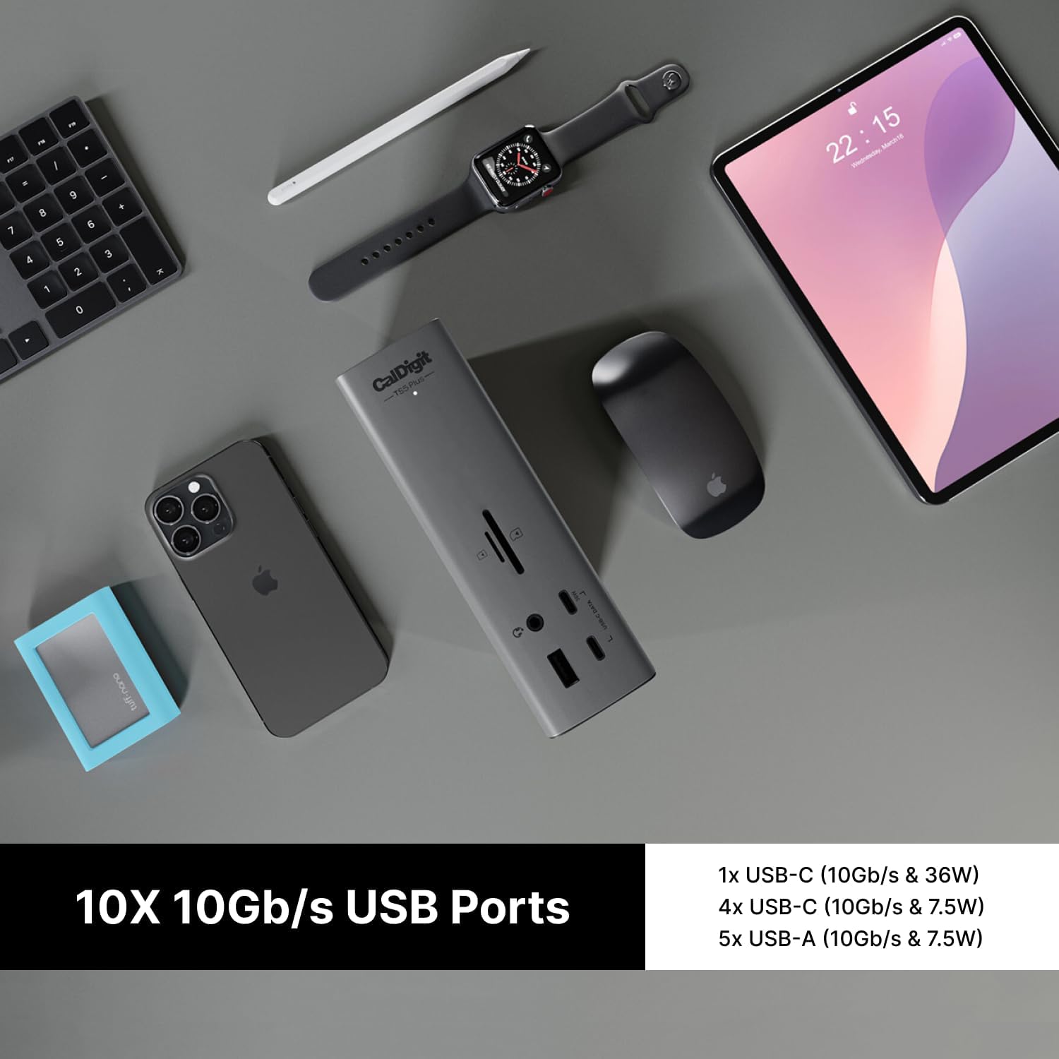 CalDigit TS5 Plus - Thunderbolt 5 Dock - 20 Port 10GbE  140W Dedicated Host Charging  Thunderbolt 5 x3  USB 10Gb/s x10  Dual USB Controllers  Up to Dual 8K 60Hz Displays  1.0m Braided Cable  330W PSU