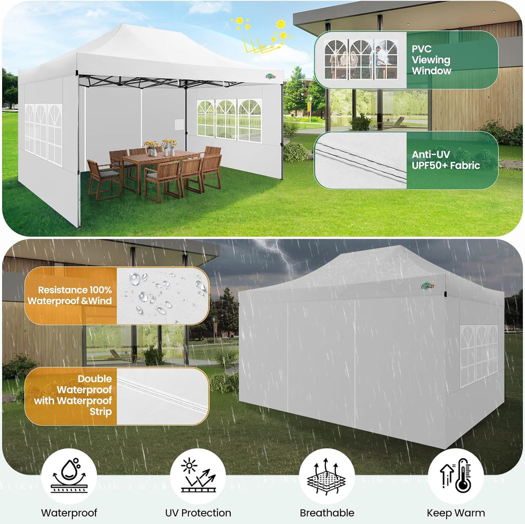 COBIZI 10x15 Pop up Canopy Gazebo 3.0  Easy up Heavy Duty Canopy with 4 Removable Sidewalls  High Stability  All Weather Sunshade 100% Waterproof Outdoor Canopy Tents  White