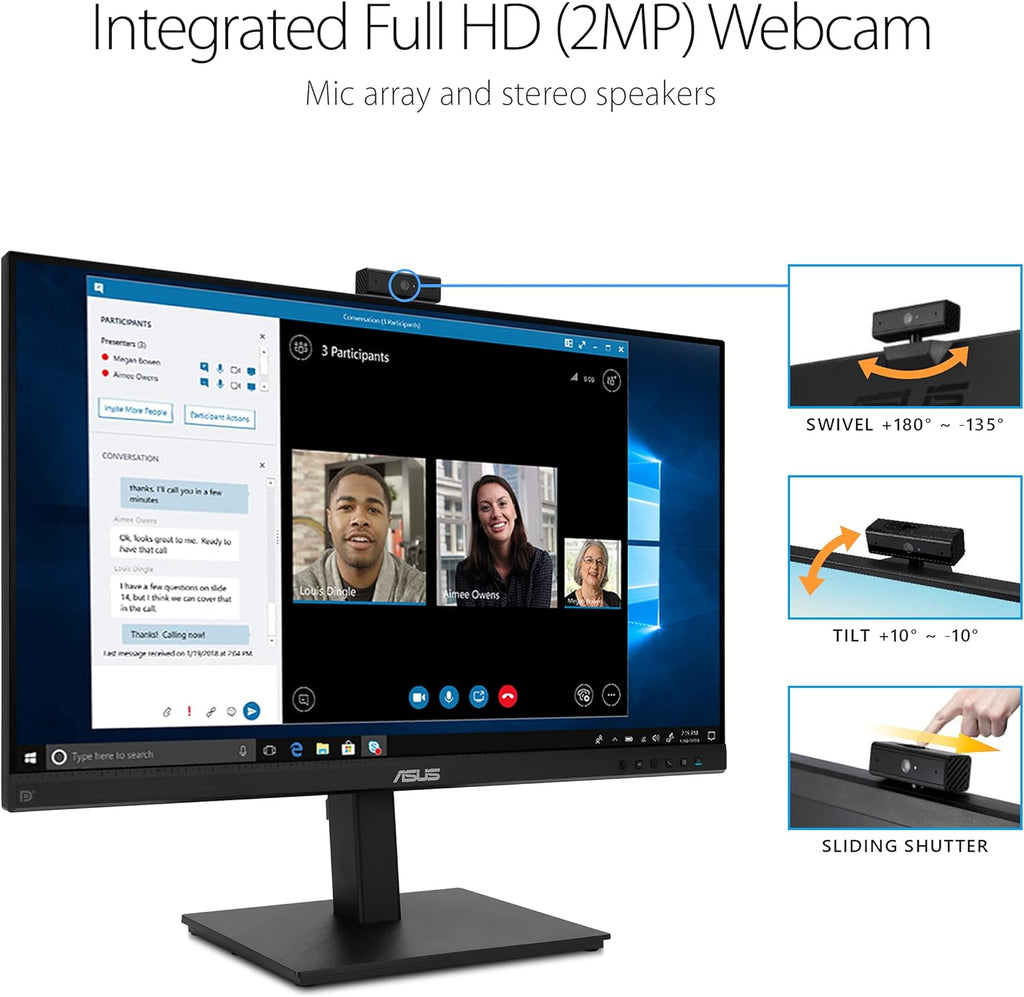 ASUS 27” 1080P Video Conference Monitor (BE279QSK) - Full HD  IPS  Built-in Adjustable 2MP Webcam  Mic Array  Speakers  Eye Care  Wall Mountable  Frameless  HDMI  DisplayPort  VGA  Height Adjustable
