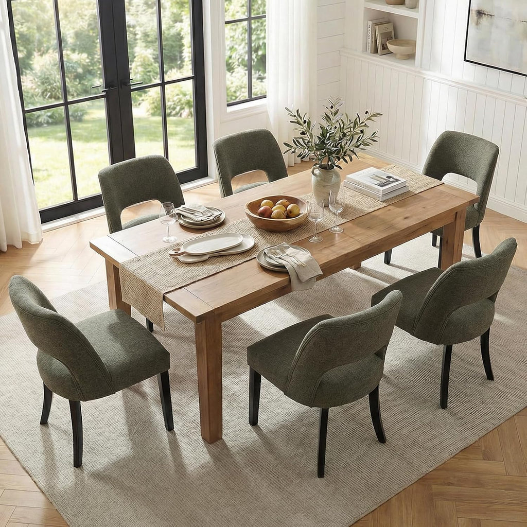 keoni Wooden Dining Chairs Set of 4, Mid Century Modern Upholstered Dining Room Chairs with Black Wood Legs, Fabric Farmhouse Kitchen Chairs with Foot Pegs for Dining Room, Green