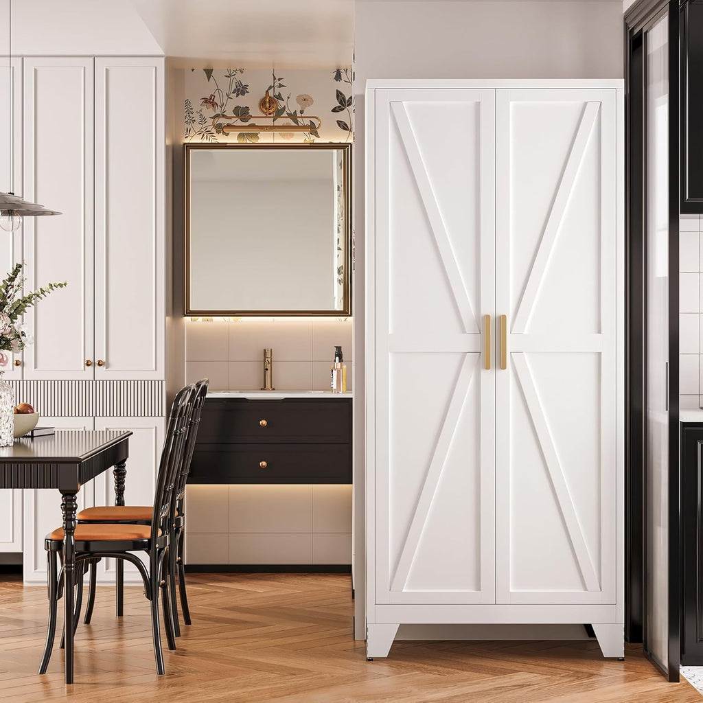 QINPTWUT 71" Storage Cabinet with Doors and Shelves, Tall Pantry Cabinet in White with 2 Doors & 4 Adjustable Shelves, All-Steel Farmhouse Cupboard for Kitchen, Living Room,Home Office,Garage