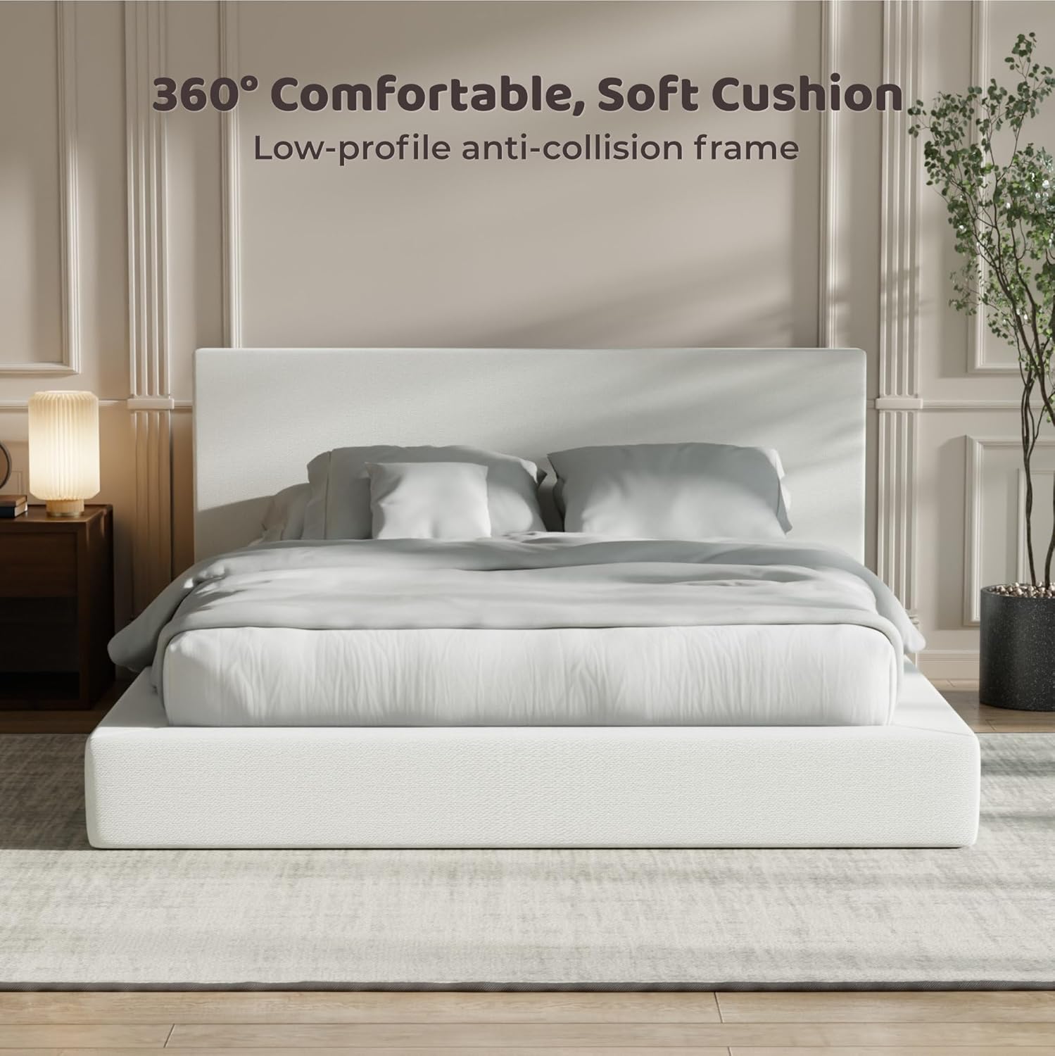 RECCI Cloud Upholstered Queen Bed Frame with Headboard, 5 Inch Foam Padded Platform, No Box Spring, Easy Assembly (Snow White)