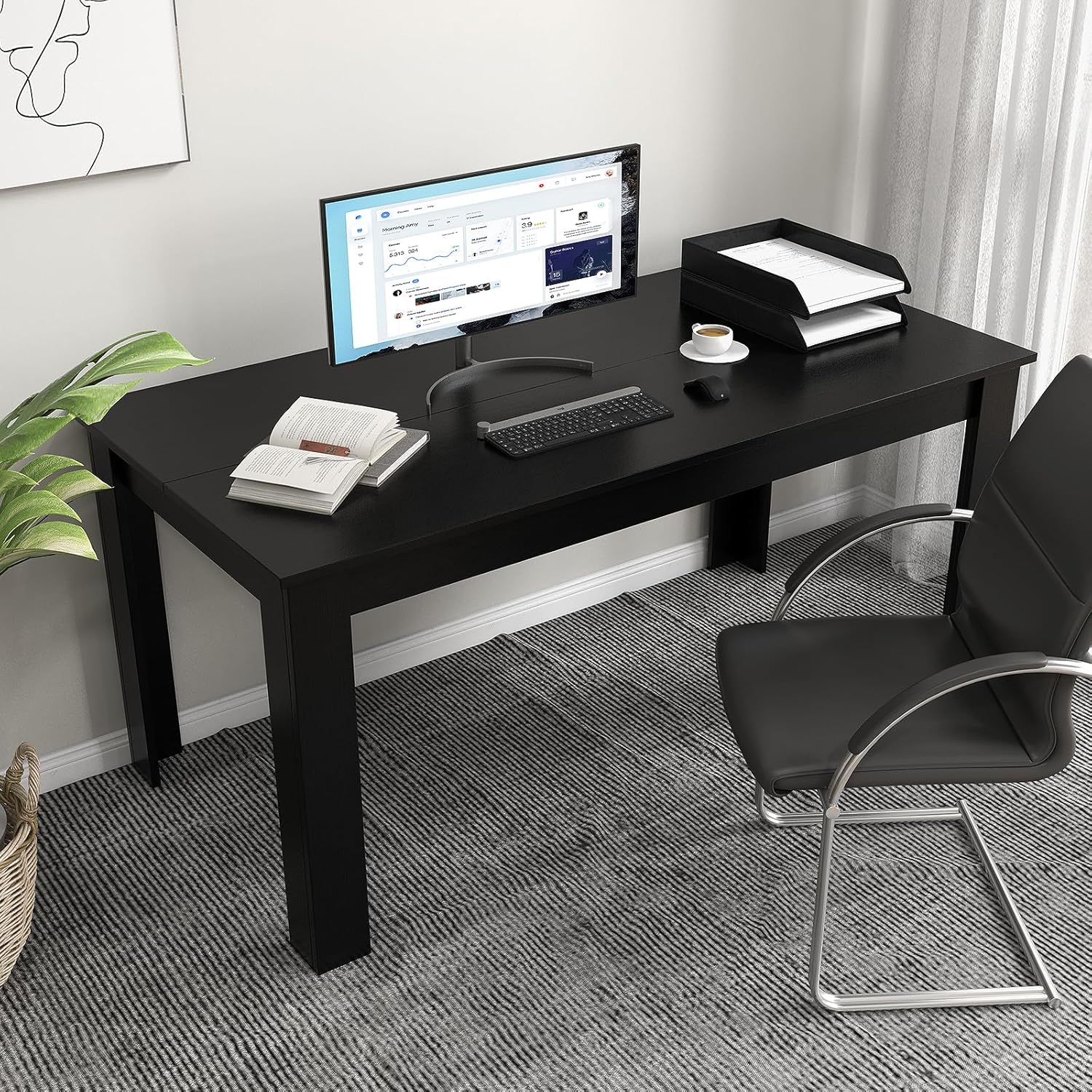 COSTWAY Rectangular Dining Table for 4-6 People, 63' Farmhouse Dinette with Large Computer Workstation, Modern Kitchen Table for Apartment, Living Room, Restaurant (Black)