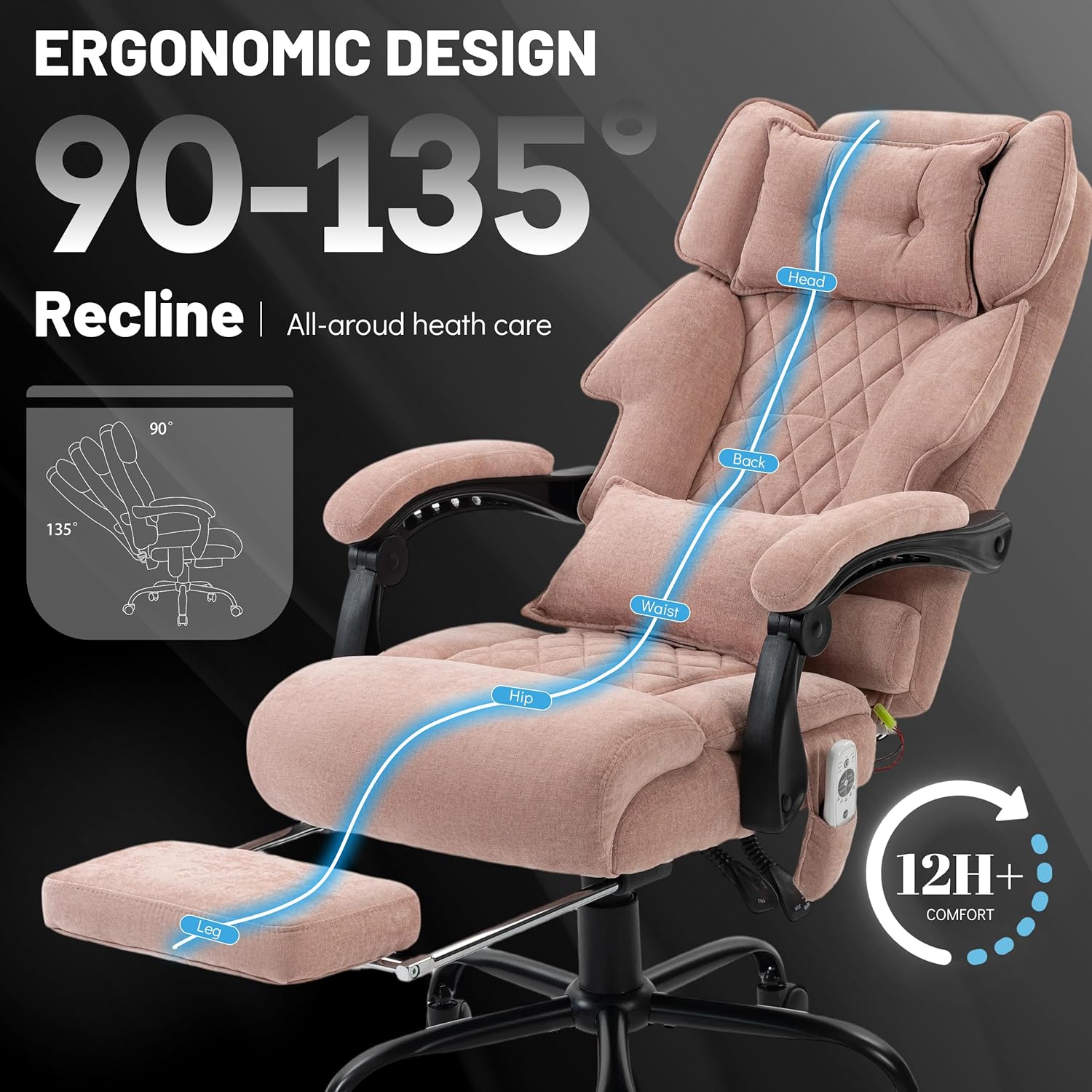 Massage Office Chair with Foot Rest,6 Points Vibration & Heat Executive Office Chairs for Heavy People,500LBS Big and Tall Office Chair,Ergonomic Reclining Desk Chair,Home & Office,Pink