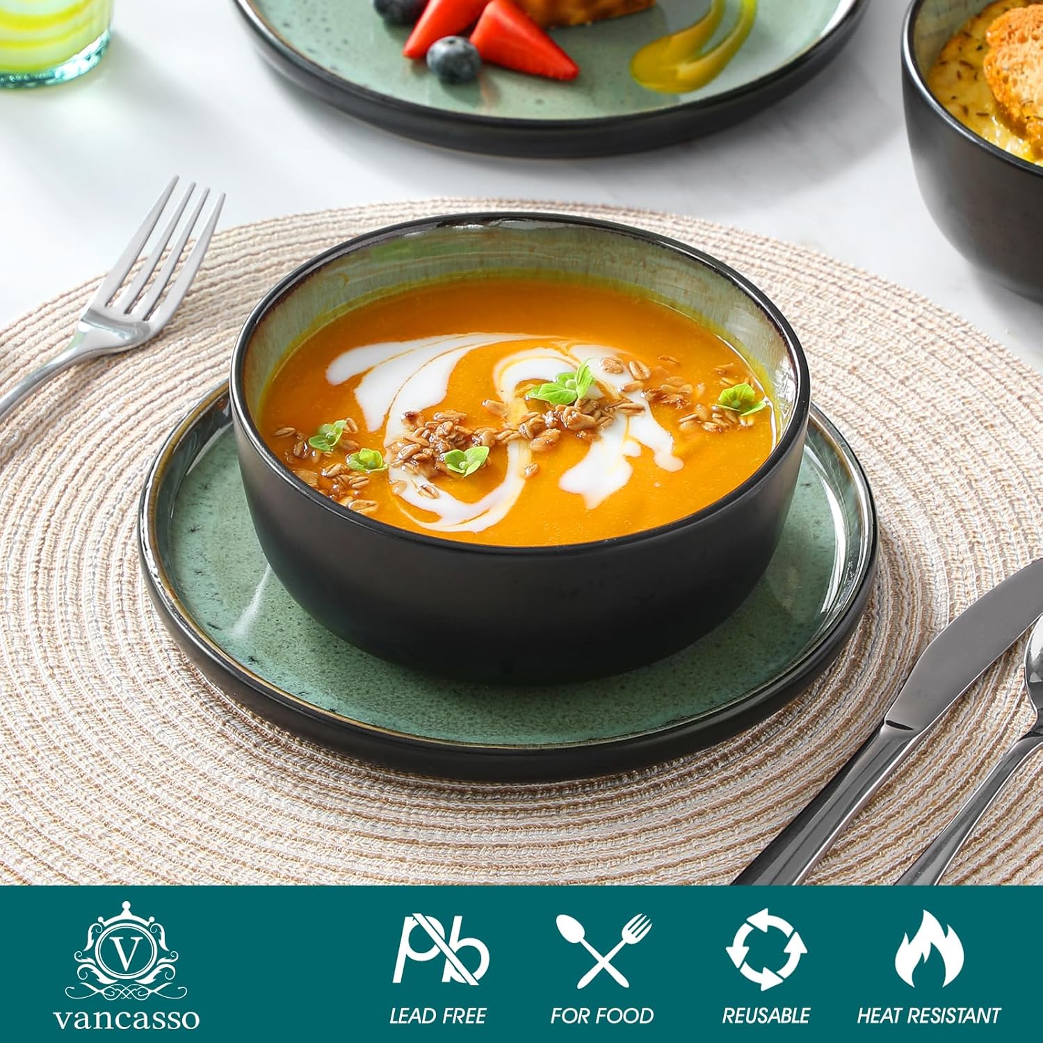 vancasso Plates and Bowls Sets, 18 Pieces Stoneware Dinnerware Sets for 6, Kitchen Dish Set Mircowave and Dishwasher Safe Ceramic Dishware, Turf Green, Series AMBER