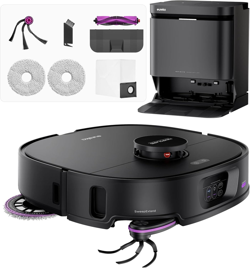 Eureka J15 Max Ultra Self-Emptying Robot Vacuum Combo All-in-one, 22,000 Pa Suction 176℉ Hot Water Wash 131°F Hot Air Dry Self-Cleaning Base Tray, Flex-Arm Mop Anti-Tangle RTCam AI Obstacle Avoidance