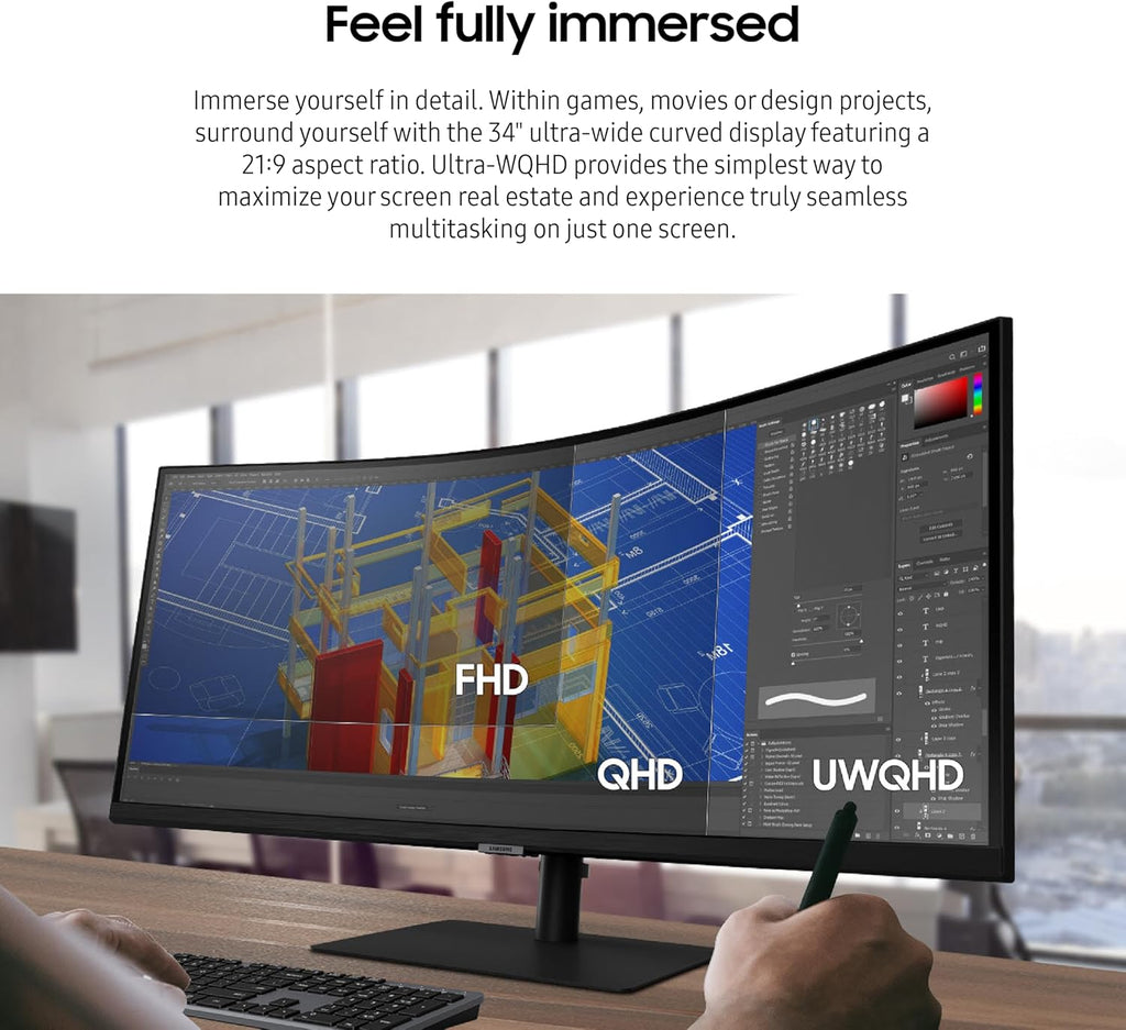 SAMSUNG Viewfinity S65UA Series 34-Inch Ultrawide QHD Curved Monitor  100Hz  USB-C  HDR10 (1 Billion Colors)  Height Adjustable Stand  TUV-certified Intelligent Eye Care (LS34A654UBNXGO) Black