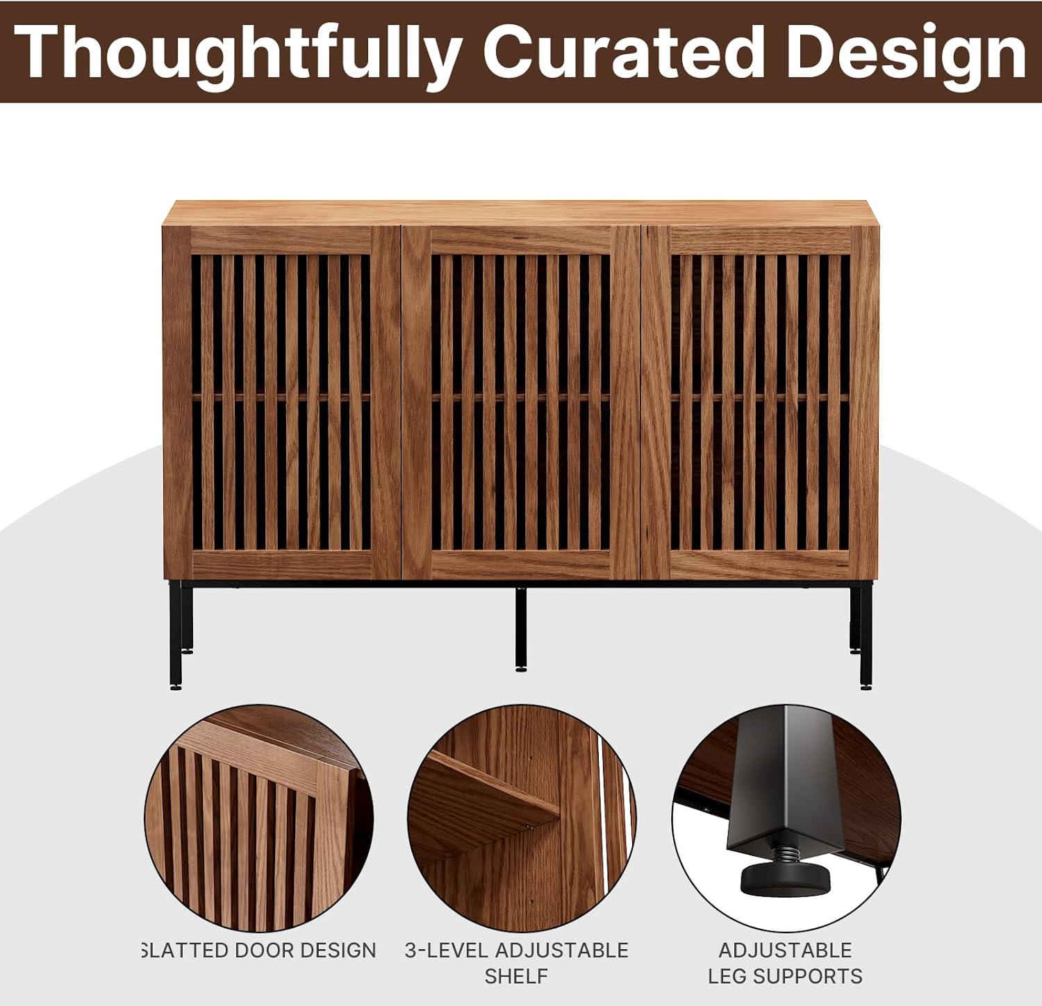 BVIUNTWO Buffet Cabinet, Modern Credenza Storage Cabinet with Adjustable Shelves and Metal Base, 47 Inch Wood Multifunctional Console Table for Kitchen, Living Room, Entryway, Brown