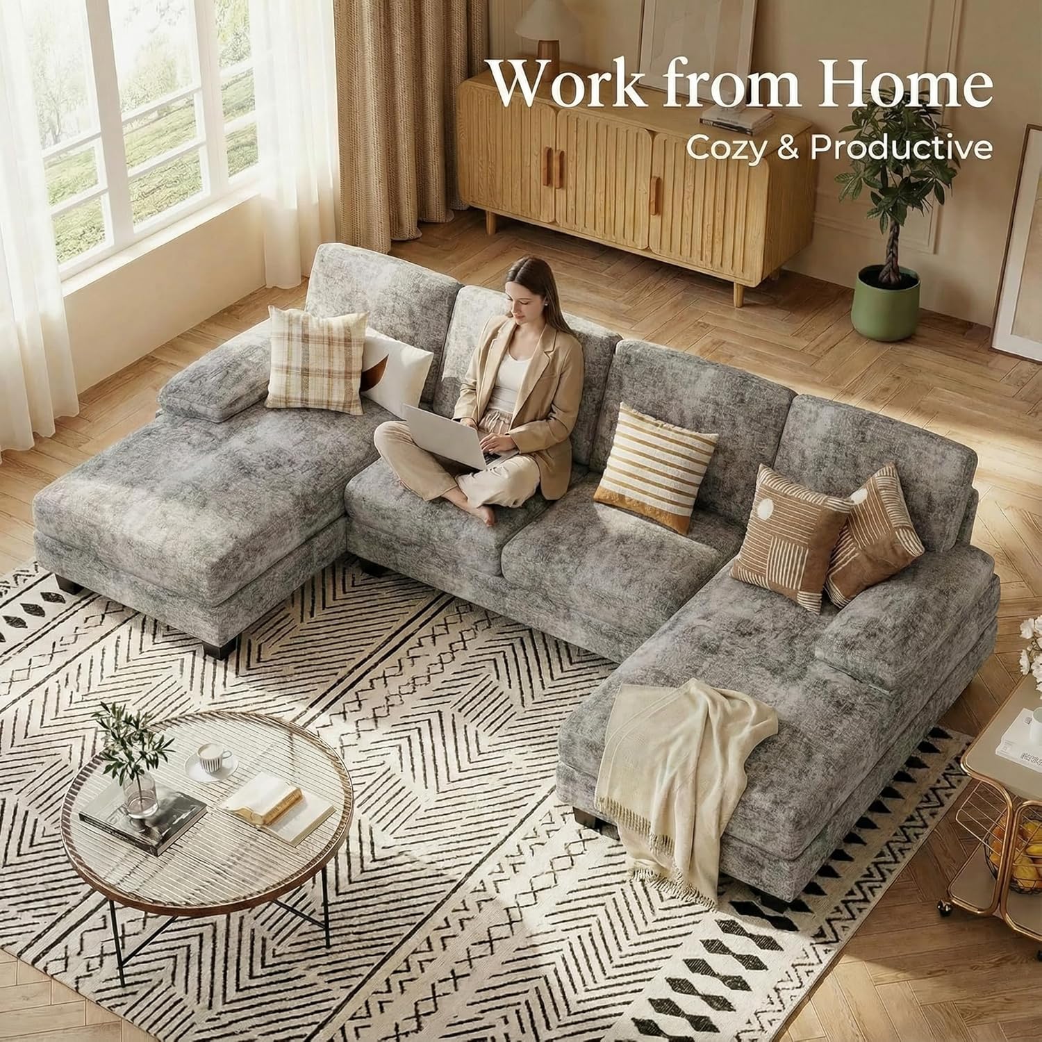Homall Modular Sectional U Shaped Sofa Couches for Living Room, Comfy Chenille 4 Seat Sofa Set with Removable Pillows, Lounge Chaise Upholstered Couch for Apartment (Chenille, Grey)