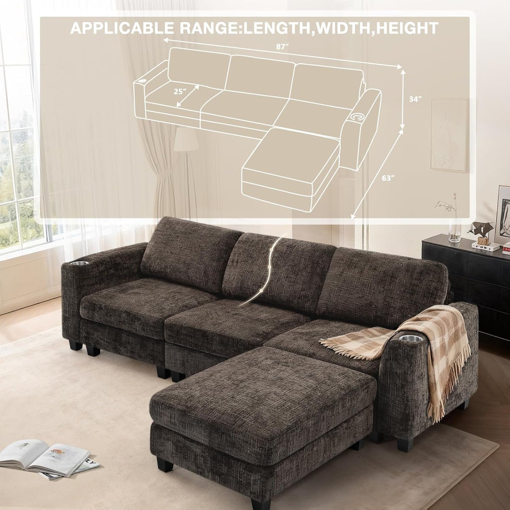 87" Chenille 3 Seater Couch with Soft Ottoman, L-Shape Sectional Sofa with Durable Cup Holders, Upholstered Sofa with Comfy Backrests for Living Room, House, Brown