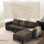 87" Chenille 3 Seater Couch with Soft Ottoman, L-Shape Sectional Sofa with Durable Cup Holders, Upholstered Sofa with Comfy Backrests for Living Room, House, Brown