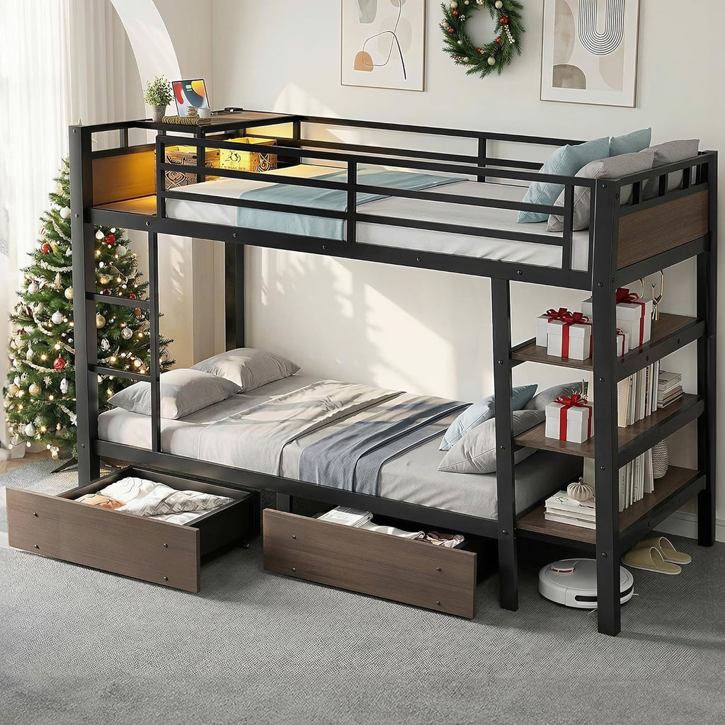 Bunk Bed Twin Over Twin with Stairs, LED Lights, 2 Storage Drawers, USB Charging, Industrial Bunk Beds Heavy Duty Metal Bed Frame with Safety Guardrail, Space Saving, Sturdy Frame for Teen/Adult