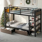 Bunk Bed Twin Over Twin with Stairs, LED Lights, 2 Storage Drawers, USB Charging, Industrial Bunk Beds Heavy Duty Metal Bed Frame with Safety Guardrail, Space Saving, Sturdy Frame for Teen/Adult
