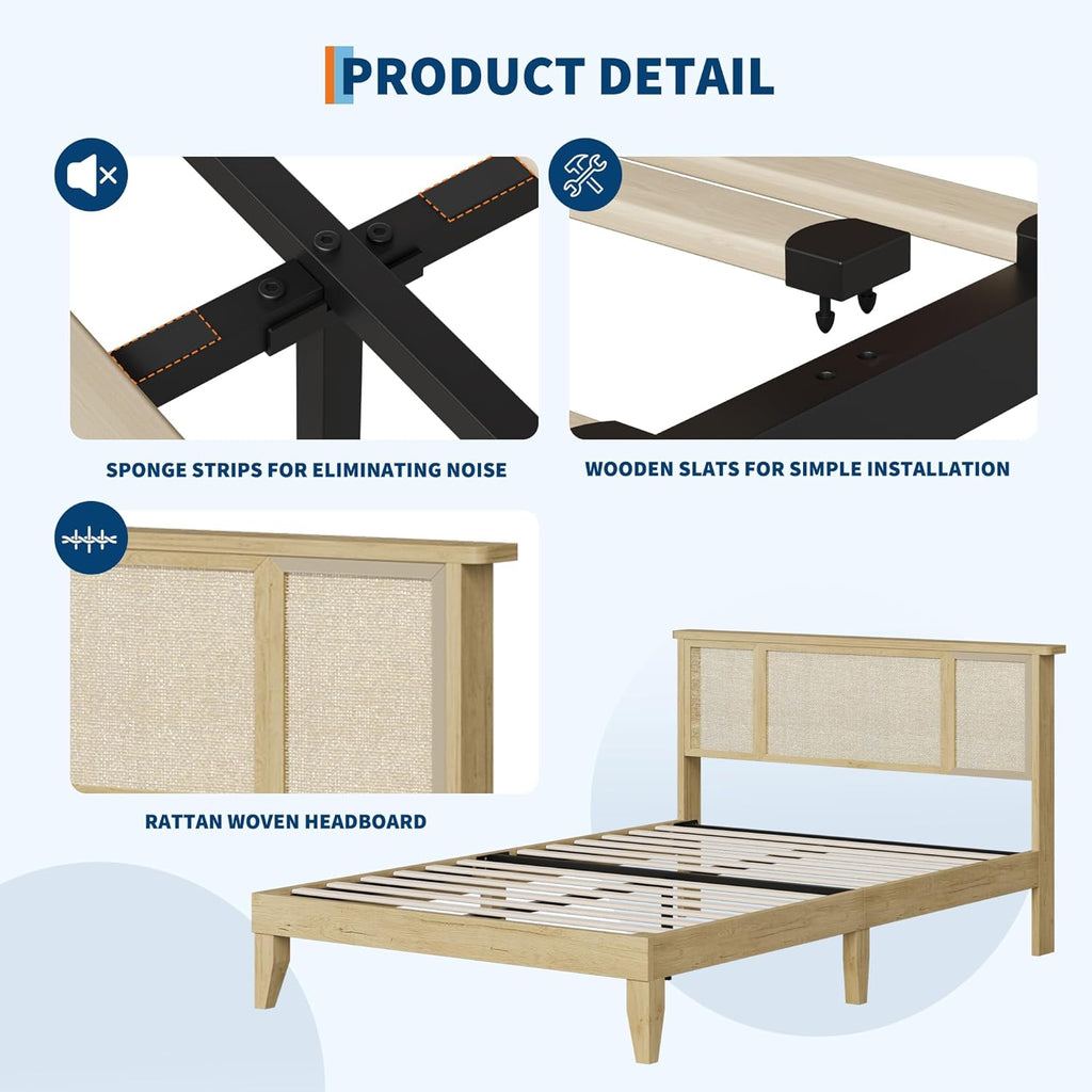 Rattan Bed Frame Queen with Natural Rattan Headboard, Sturdy Wooden Slats, Metal Platform Support, Silent Slats, No Box Spring Needed, Stylish and Robust Bedroom Furniture