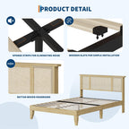 Rattan Bed Frame Queen with Natural Rattan Headboard, Sturdy Wooden Slats, Metal Platform Support, Silent Slats, No Box Spring Needed, Stylish and Robust Bedroom Furniture