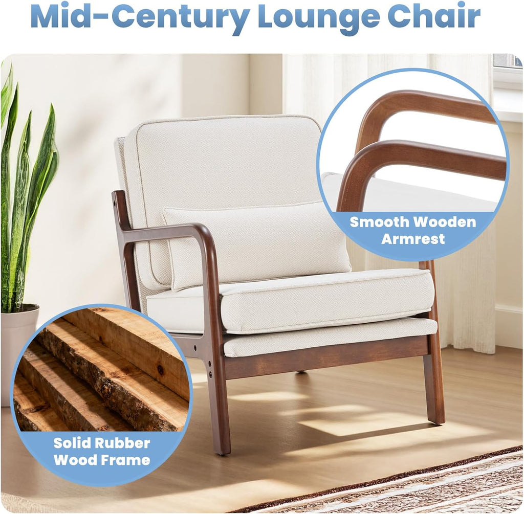 DUMOS Mid Century Modern Chair, Accent Chair with Arms and Waist Cushion, Reading Chairs for Adults, Lounge Chair for Living Room and Bedroom, Solid Wooden Frame, Cream