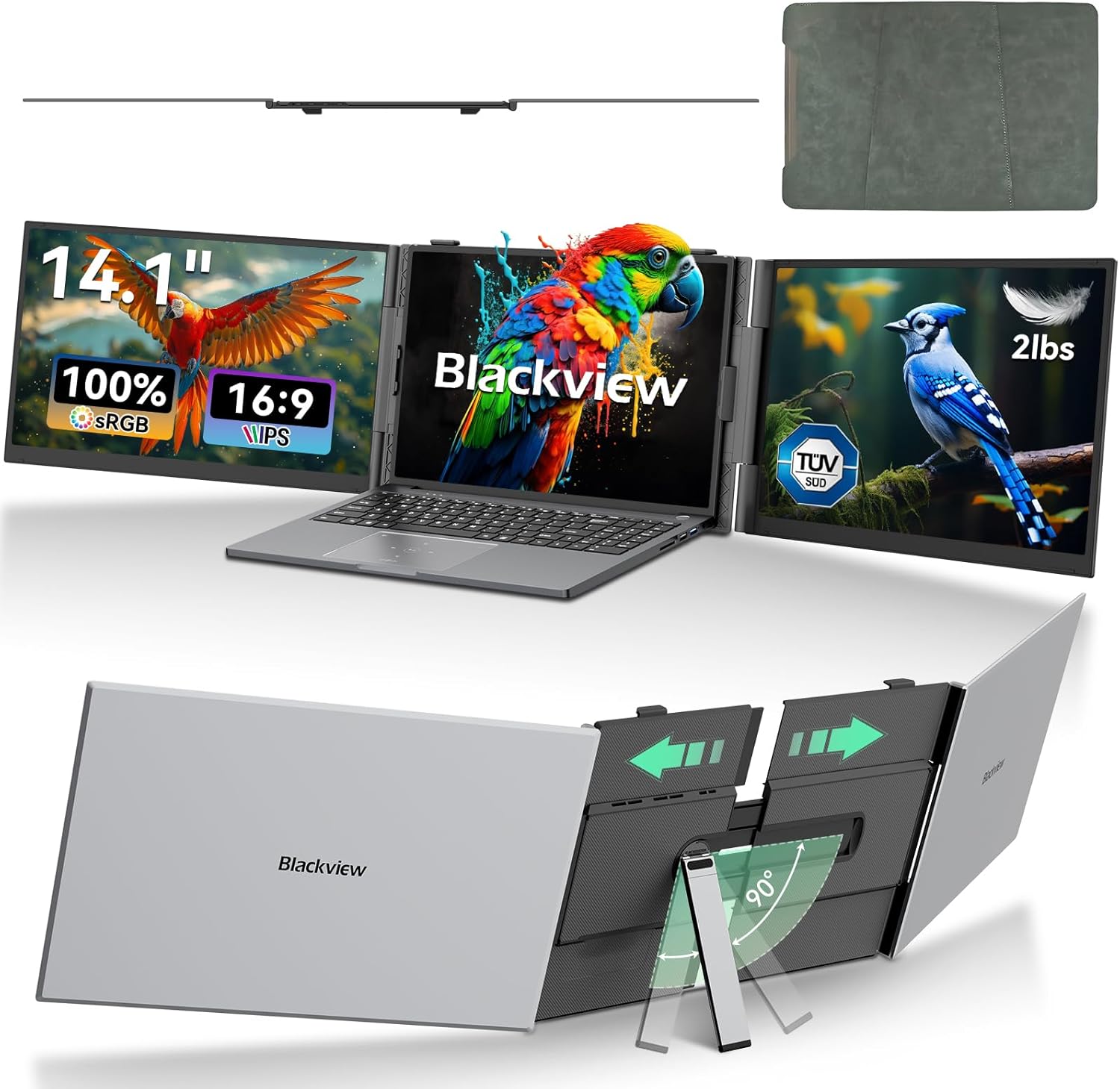Blackview DCM6 Triple Laptop Screen Extender 14" 1080P FHD IPS Portable External Screen Two Cable USB C Travel for 13-17'' Laptop Plug & Play Compatible with Windows/Mac/Chrome OS and Mobile Devices
