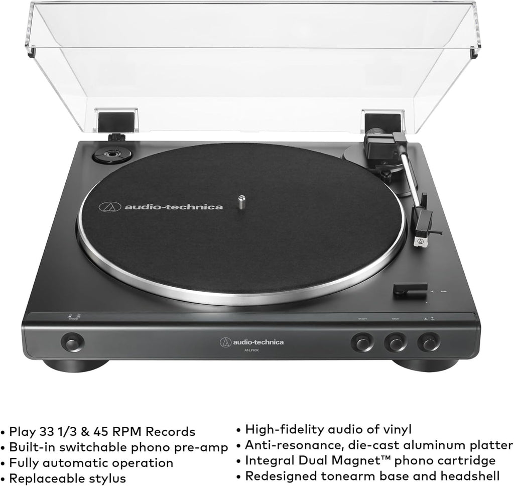 Audio-Technica AT-LP60X Fully Automatic Belt-Drive Stereo Turntable with Built-in Preamp and USB Output Vinyl Playback Bundle with 3-Inch Powered Studio Monitors Pair (Black) (3 Items)