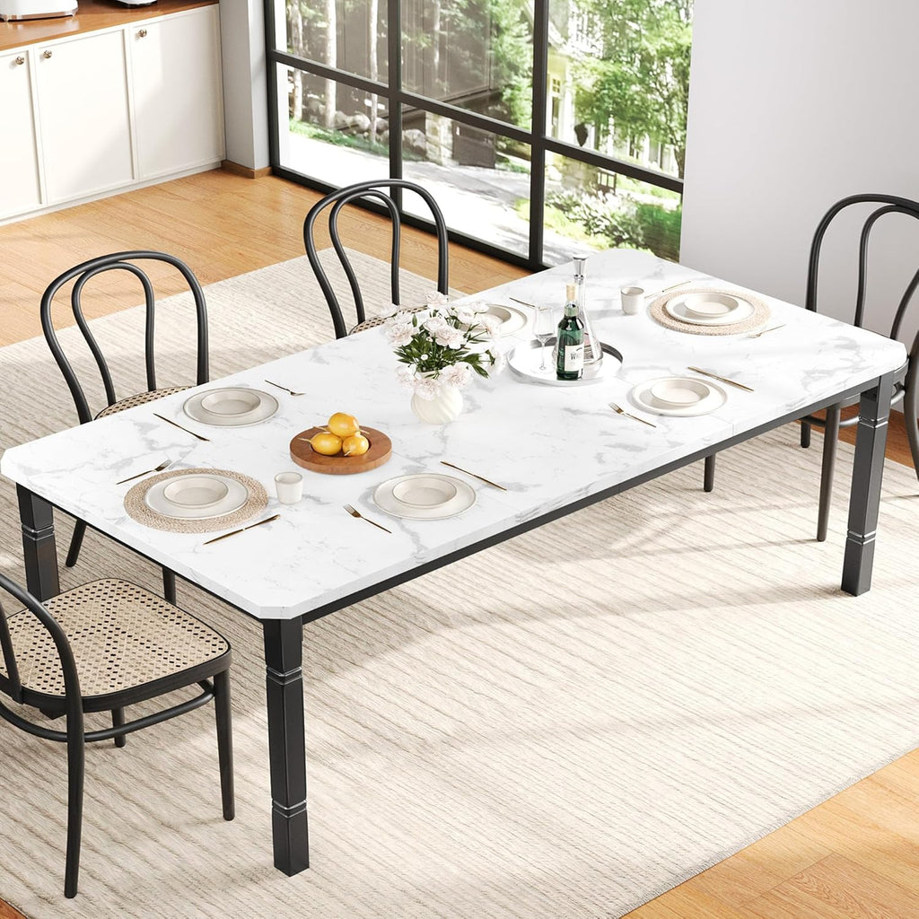 IDEALHOUSE 79" Dining Table for 6-8 People, Modern Rectangular Kitchen Table with Sturdy Metal Legs, Large Wood Farmhouse Dining Room Table for Home Office, Conference, Black & Marble White